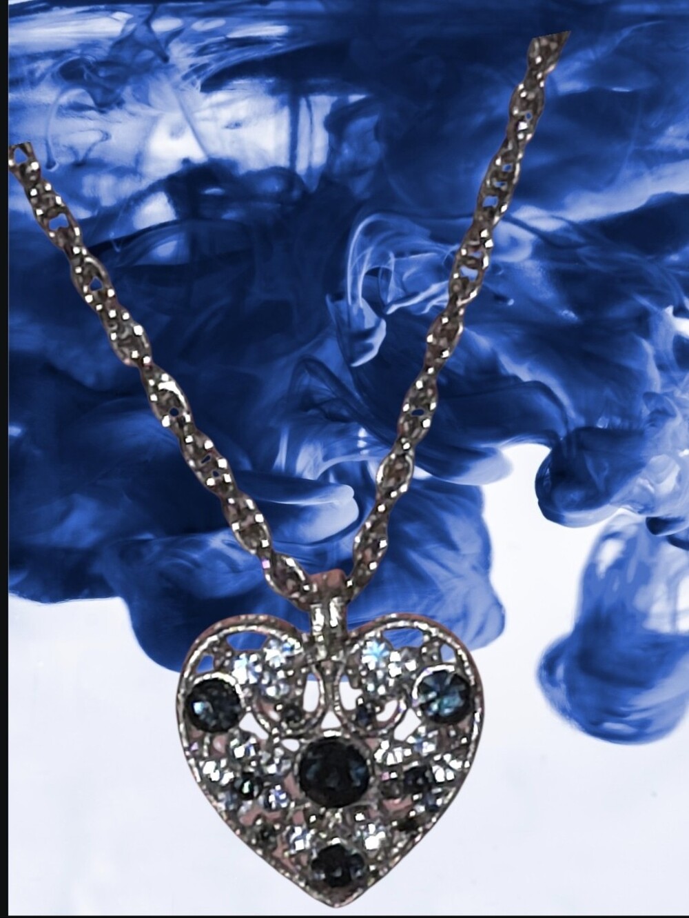 Silver Heart Pendant Necklace with Blue Crystal Accents